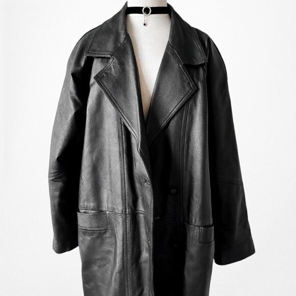 Vintage Y2K Black Leather Full Length Button Down Front Coat Jacket Size L - Picture 7 of 8